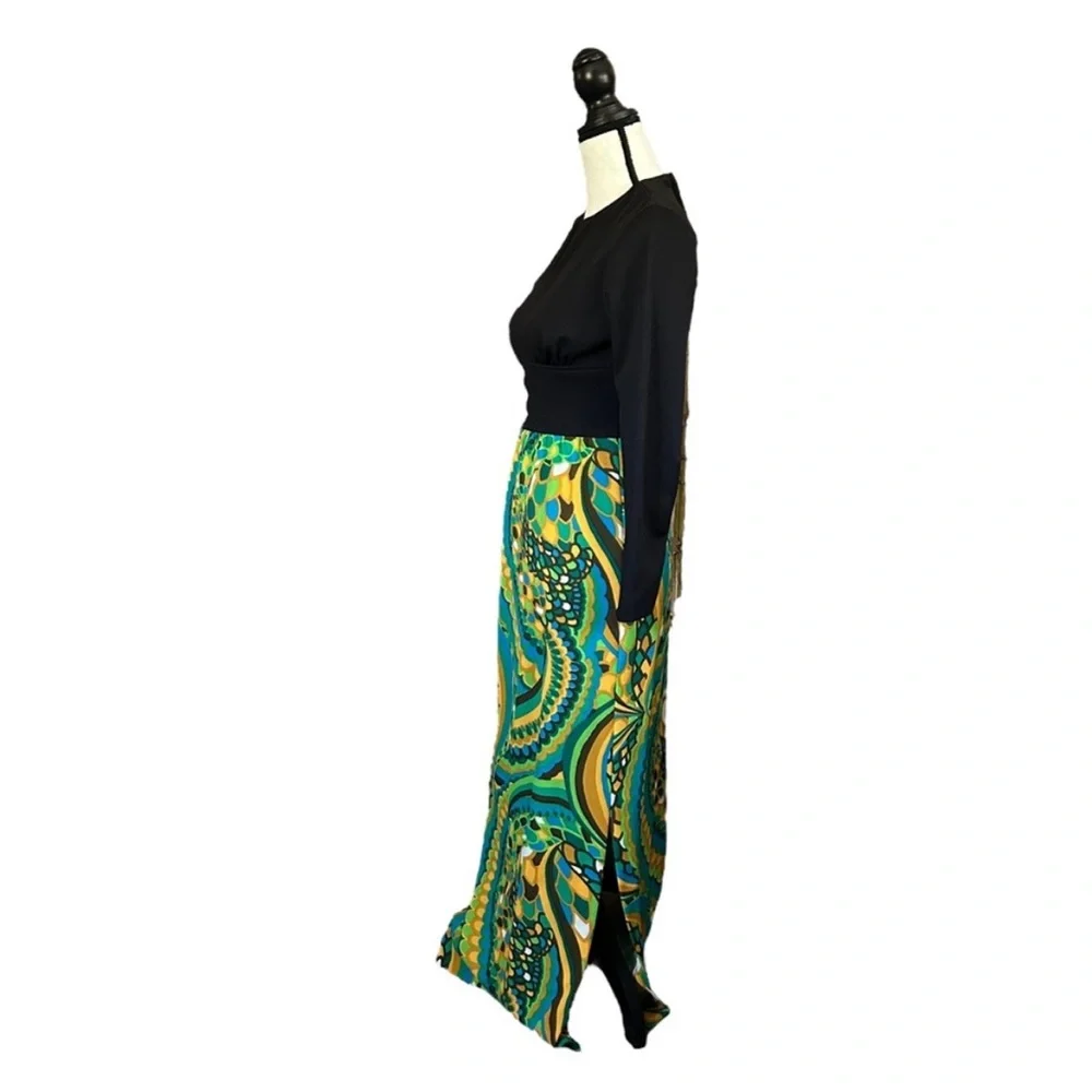 VTG 60s Psychedelic Swirl Empire Waist Maxi Dress Long Sleeve Union Tag Size 7
